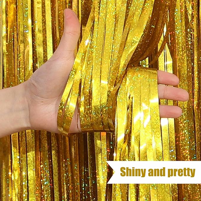 3 Pack Gold Foil Fringe Curtains Backdrop, 3.28 x 8.2 Ft Metallic Streamers Tinsel Curtains Background for Photo Booth, Birthday, Christmas, Halloween, Thanksgiving, New Year Party Decorations