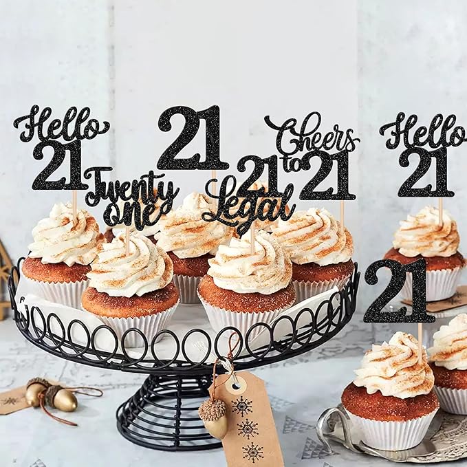30PCS Happy 21st Birthday Cupcake Toppers Glitter Twenty One Legal 21 Hello 21 Cupcake Picks Cheers to 21 Birthday Decorations for 21st Birthday Anniversary Party Cake Decoration Supplies Black