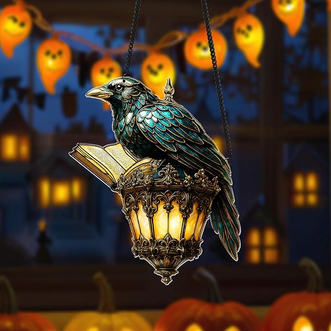 Gothic Halloween Crow Decoration, Raven Lamp Acrylic Suncatcher, Black Bird Window Hanging Ornament, Witchy Spooky Sun Catcher Gift for Women, Friends, Bird Lovers, Halloween, Fall, Christmas Décor
