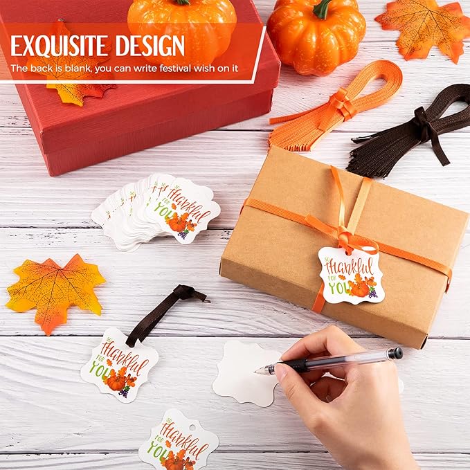 50 Pieces Thanksgiving Paper Tags Thank You Favor Tags Happy Thanksgiving Hanging Labels Decorative Fall Paper Tag with Rope for Autumn Party Favors(Pumpkin)