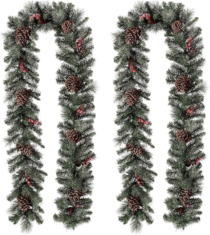 Glitzhome 2PK 9ft Prelit Christmas Garlands, Glittered Greenery Garlands Artificial Pine Garlands with Pine Cones Berries, Christmas Garland with Lights for Mantle, Fireplace, Stairs Decorations