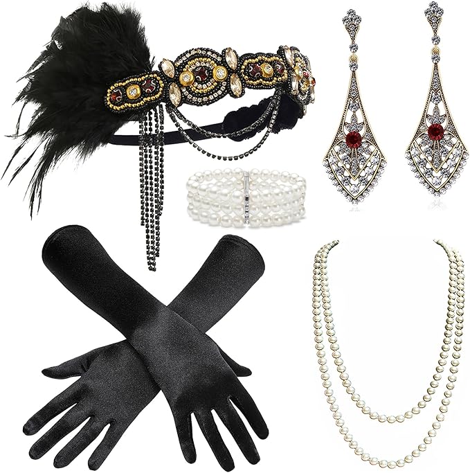BABEYOND 1920s Flapper Accessories Gatsby Costume Accessories Set 20s Flapper Headband Pearl Necklace Gloves