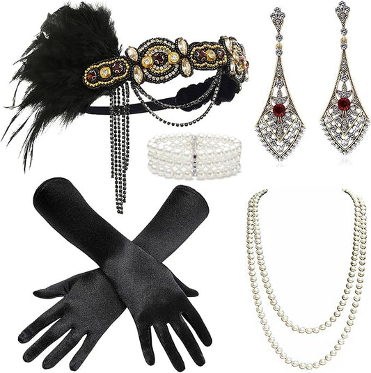 BABEYOND 1920s Flapper Accessories Gatsby Costume Accessories Set 20s Flapper Headband Pearl Necklace Gloves