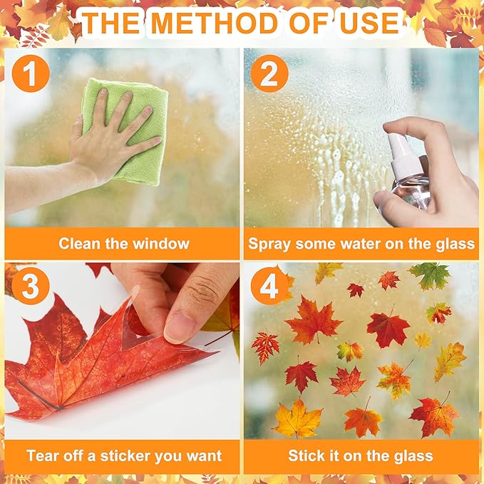 9 Sheets Fall Maple Leaves Window Clings Fall Leaves Double-Sided Window Decals Autumn Maple Leaf Windows Stickers for Autumn Thanksgiving Harvest Home Glass Living Room Bedroom Decoration
