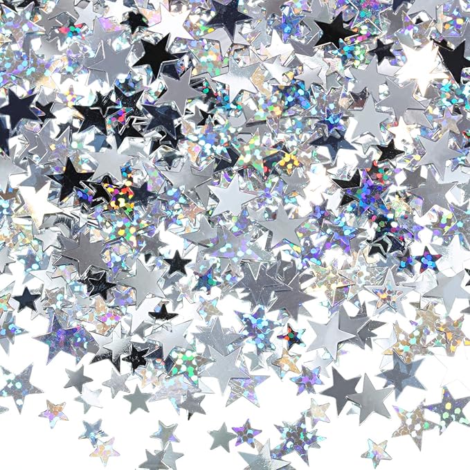 Hestya 60g Star Confetti Glitter Table Confetti Metallic Foil Stars for Christmas Party Wedding Festival Decorations(Silver Set,10mm and 6mm)