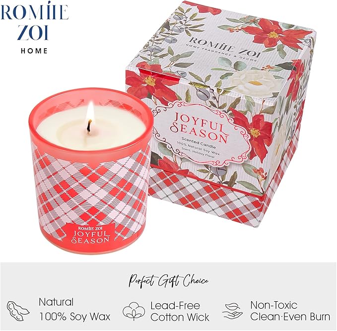 ROMIIE ZOI Christmas Scented Jar Candle - 6oz Soy Wax Candle - Joyful Season Infused with Holiday Floral Aroma - with Beautiful Keepsake Box Special for Christmas/Holiday Gifts