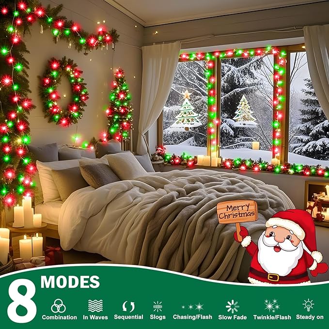 SAUIRS 197FT 500 LED Christmas Lights Outdoor String Lights with 8 Modes Timer Waterproof Fairy Light Plug in for Outside Indoor Party Xmas Palm Tree Yard Wedding Decoration(Red and Green)