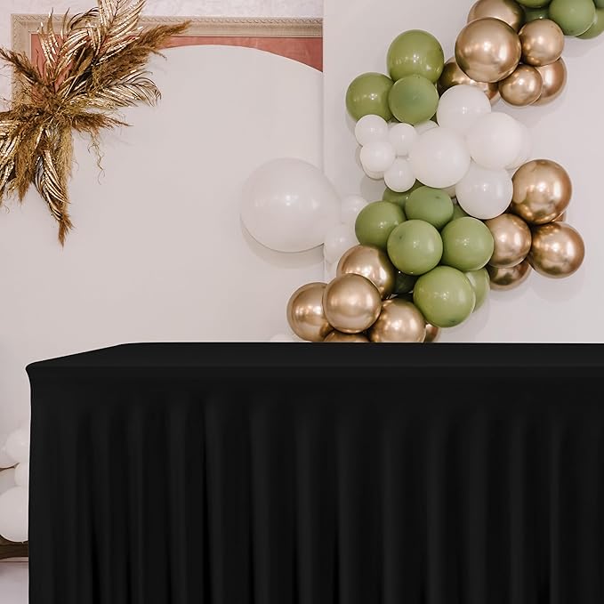HolidayIdeas Black 8ft Rectangle Spandex Tablecloth 4 Pcs Fitted Stretch Table Skirts 30x96 Inch, Ruffle Design Wrinkle-Free Polyester Table Cover for Banquets,Trade Shows, Parties, Events
