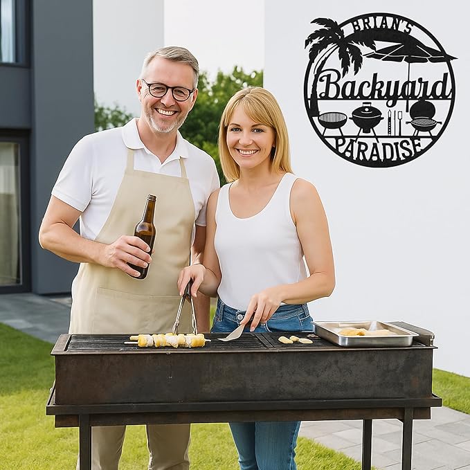 Custom BBQ Grill Metal Sign Personalized Name Wall Art for Outdoor Barbecue Patio Kitchen Backyard Decor Gift for Dad Husband Men Papa Grandpa Father Grilling Enthusiasts Family Lover Funny Gifts 19