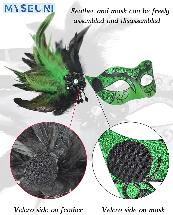 Green His and Hers Masquerade Masks Set -Feather Mascarade Mask for Couple & Venetian Mask for Masquerade Party, Mardi Gras, Halloween Cosplay Prom, Christmas