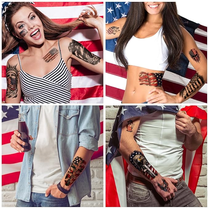 77 Sheets Independence Day Temporary Tattoo for Women Men, 17 Half Arm 4th of July Fake Tattoos, 60 Tiny American Flag Eagle Dog Cat Cow Memorial Labor Day Patriotic Body Tattoos