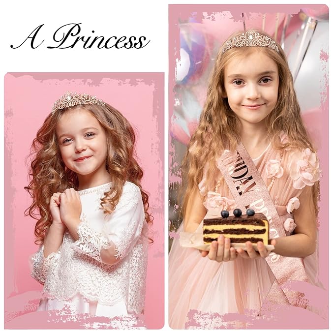 CIEHER Princess Crown and Birthday Sash Set - Tiara for Women, Girls Birthday Decorations and Gifts - Rose Gold