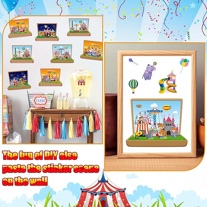 CY2SIDE Carnival Sticker Scene Kits- 12PCS Holiday Circus Theme Scene Art Craft for Kids Make Your Own Circus Sticker with Elephant Clowns DIY Carnival Party Games Class Fun Activities