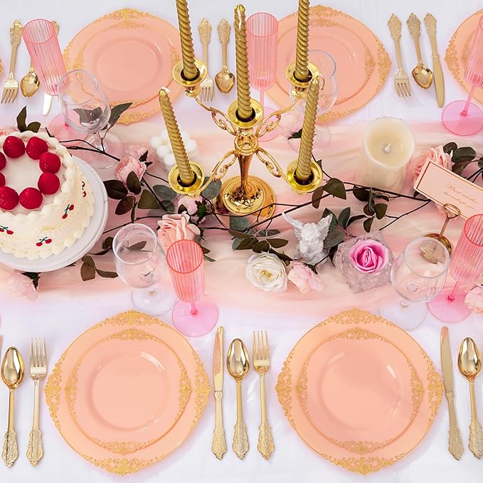 125PCS Peachy Pink Plastic Plates - Elegant Pink and Gold Dinnerware Set - Heavy Duty Disposable Plates with Gold Silverware Sets for 25 Guests for Wedding & Party & Bridal Shower