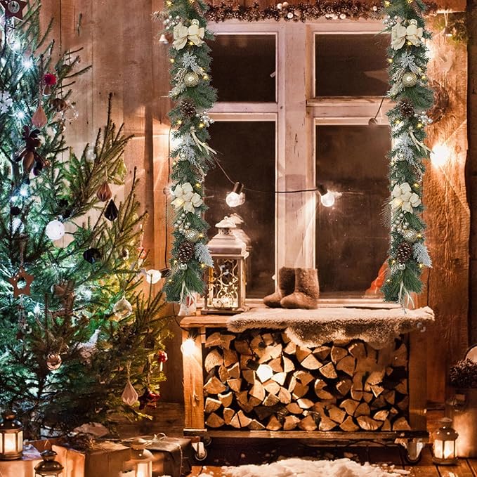 GarveeHome Christmas Garland with Lights for Mantle 6 ft, Lighted Outdoor Xmas Garland with 20 Battery Operated LED Gold Balls Pine Cones Antlers for Fireplace Front Door Stair Railing Window Decor
