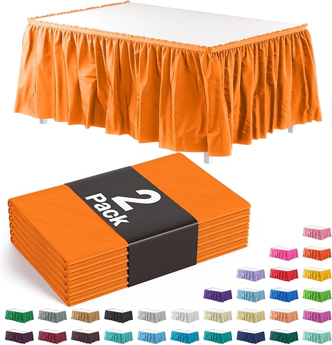 Exquisite Ruffle Table Skirt Orange 2 Pack 14 Ft Long Table Skirts for Rectangle Tables 6ft Plus or Round Tables Skirts with Adhesive Strip for Gender Reveal Decor & Happy Birthday Parties