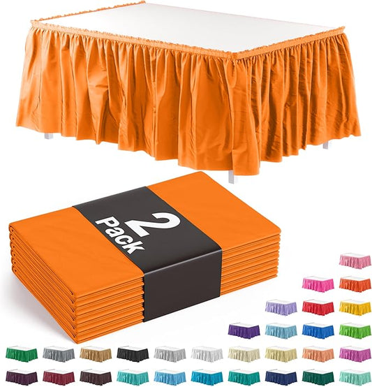 Exquisite Ruffle Table Skirt Orange 2 Pack 14 Ft Long Table Skirts for Rectangle Tables 6ft Plus or Round Tables Skirts with Adhesive Strip for Gender Reveal Decor & Happy Birthday Parties