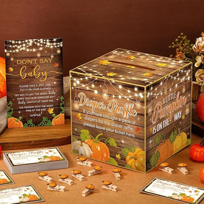 102 Pcs Fall Thanksgiving Baby Shower Game Supplies Diaper Raffle Tickets with Diaper Raffle Card Box Don't Say Baby Sign Mini Fall Pumpkin Clothespin Game Decor for Gender Reveal Favor