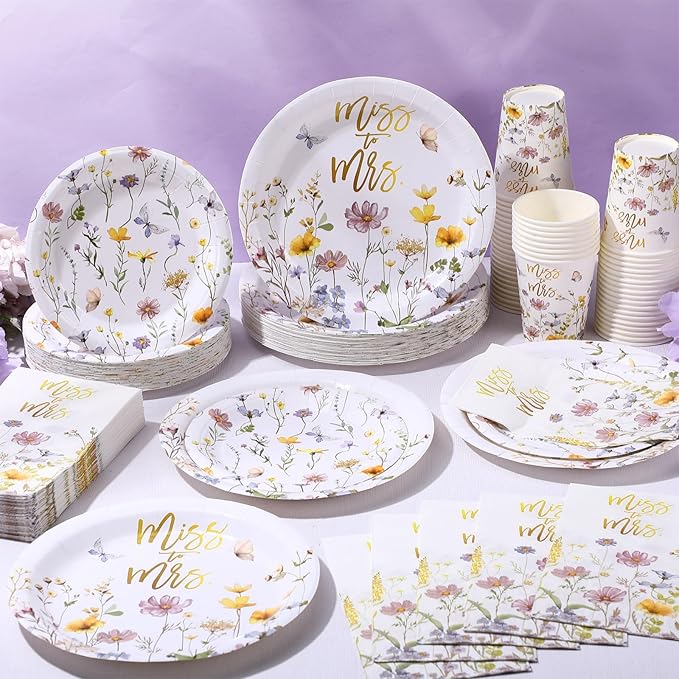 250 Pcs Miss to Mrs Wildflower Party Decorations Floral Wedding Paper Plates Napkins and Cups Disposable Tableware Set for Wedding Bridal Shower Engagement Party Supplies, Serves 50