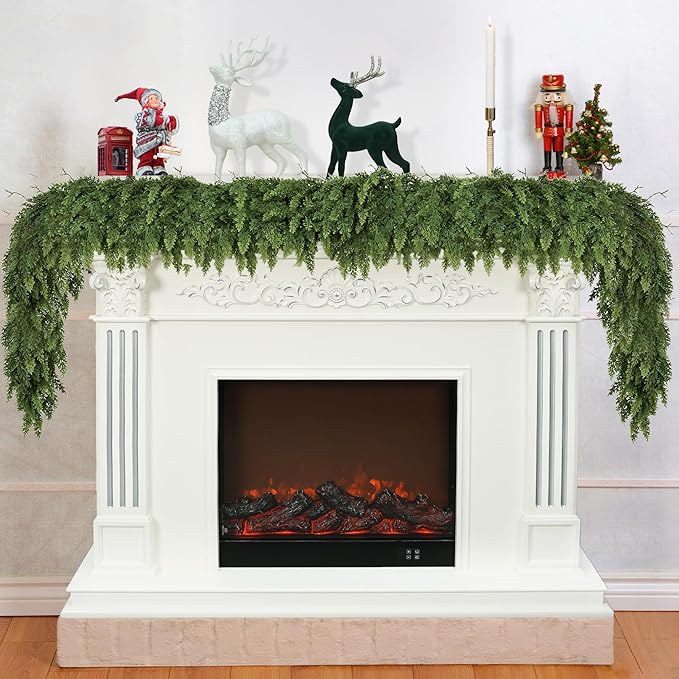 16ft Christmas Garland Realistic Soft and Thickness Green Faux Cedar Pine Garland Artificial Cedar Cypress Garland for Home Fireplace Wall Indoor Outdoor Holiday Party Home Decoration