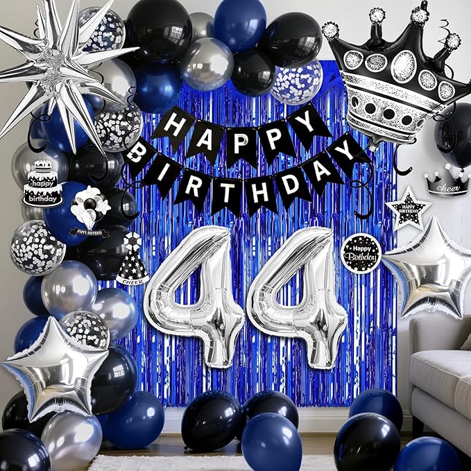44th Birthday Decorations for Men and Women, Black Blue Silver Happy Birthday Number 44 Balloons, Banner, Fringe Curtains Garland Kit - 44 Year Old Party Supplies