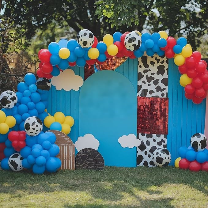 Carnival Party Balloons, 50pcs Toy Balloons, Red Yellow Blue Balloons Cow Print and Sky Blue Cloud Balloons for Carnival Circus Theme Birthday Party Baby Shower Wedding Decorations