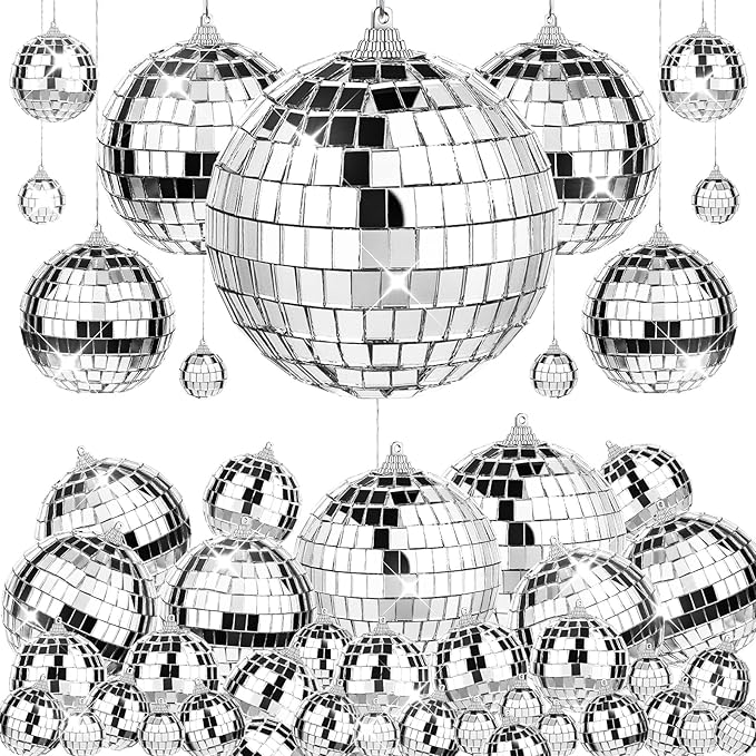 66 PCS Mirror Disco Ball for Party, 3.94/3.15/2.36/2/1.18 Inches Silver Hanging Reflective Glass Disco Ball for Christmas Tree Ornament Holiday Party Home Decorations