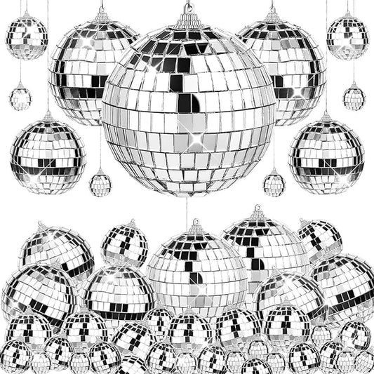 66 PCS Mirror Disco Ball for Party, 3.94/3.15/2.36/2/1.18 Inches Silver Hanging Reflective Glass Disco Ball for Christmas Tree Ornament Holiday Party Home Decorations