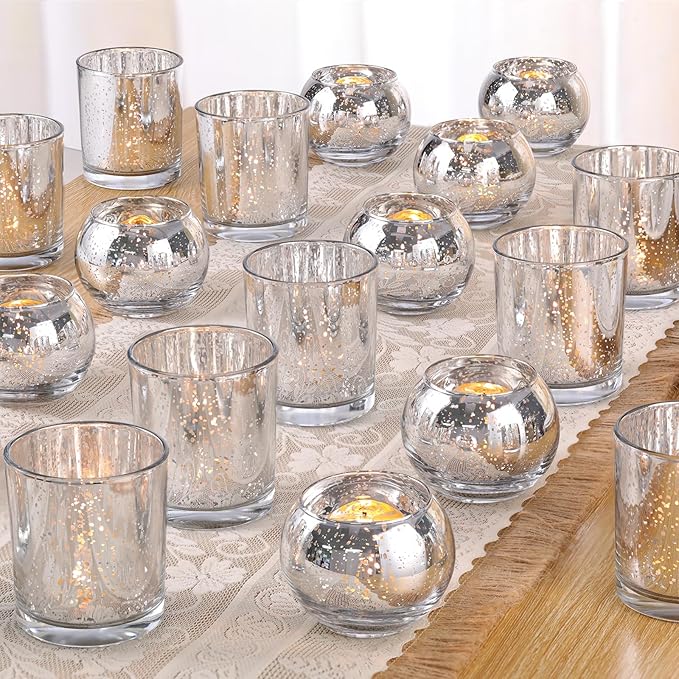 Volens 30pcs Assorted Silver Votive Candle Holders Bulk, Large Silver Wedding Centerpieces for Tables, Mercury Glass Votive & Tealight Candle Holders for Party Decorations and Home Decor