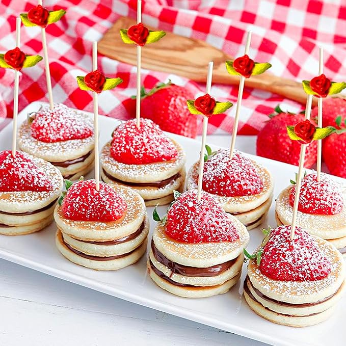 PuTwo Cocktail Picks 4.7 Inch 100pcs Bamboo Fancy Skewers Toothpicks for Appetizers Red Rose Flower Toothpicks for Food Drink Fruit Sandwich Charcuterie Boards Accessories Wedding Party Supplies