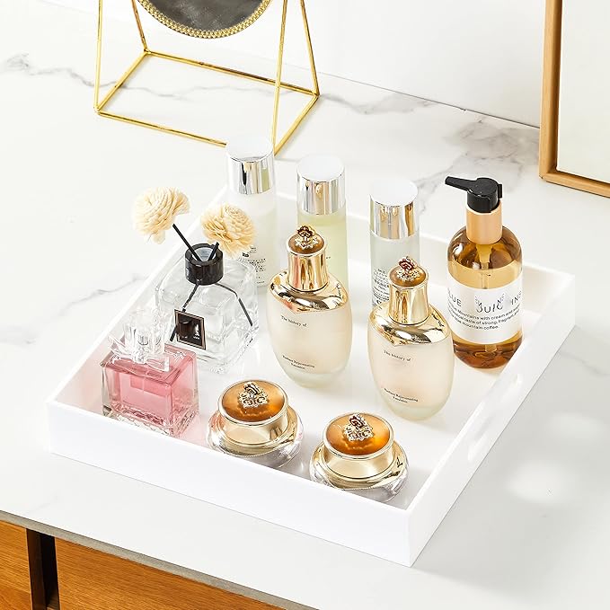 Glossy White Acrylic Serving Tray with Handles, 12x12x2H Inches - Spill Proof, Decorative Trays for Countertop, Ottoman Coffee Table, Nightstand, Breakfast, Tea, Food