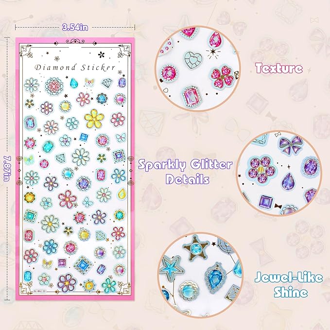 Cute Mini Gem Stickers – Small Flat Shiny Diamond Stickers for Kids Crafts, Rewards, Planner, Scrapbooking & Journaling – Tiny Sticker for Digital Cameras & Phone Case Decor – 4 Sheets