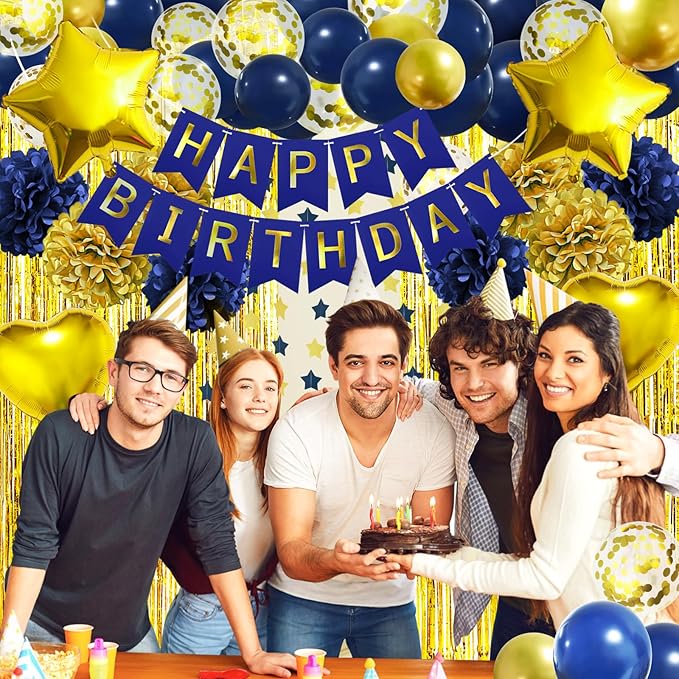 ZERODECO Birthday Party Decorations for Men, Navy Blue Gold Happy Birthday Banner Pompoms Balloon Arch Fringe Curtain Party Décor for Men Boys Women Girls Party Decorations Kit