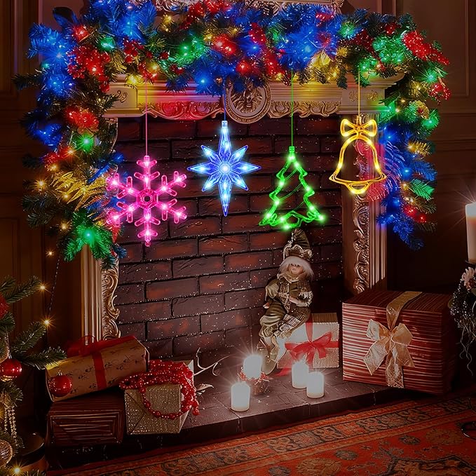 4Pack Christmas Window Lights Decorations with Timer,Battery Powered Christmas Hanging Multicolor Lighted Snowflake Tree Bells Lucky Star Shaped LED Sucker for Xmas Tree Fireplace Indoor Decor