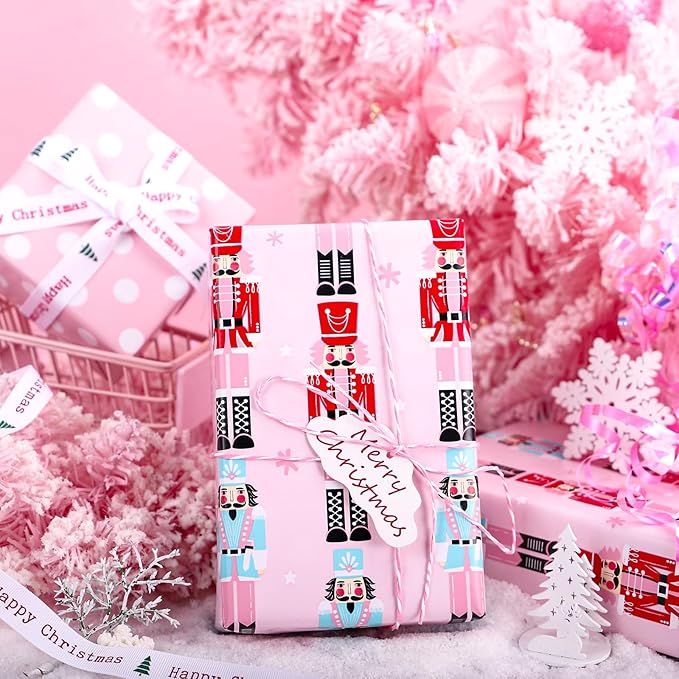 WRAPAHOLIC Reversible Christmas Wrapping Paper - Mini Roll - 17 Inch x 33 Feet - Pink Nutcracker Wrapping Paper and Polke Dot Design for Christmas, Holiday, Party Celebration
