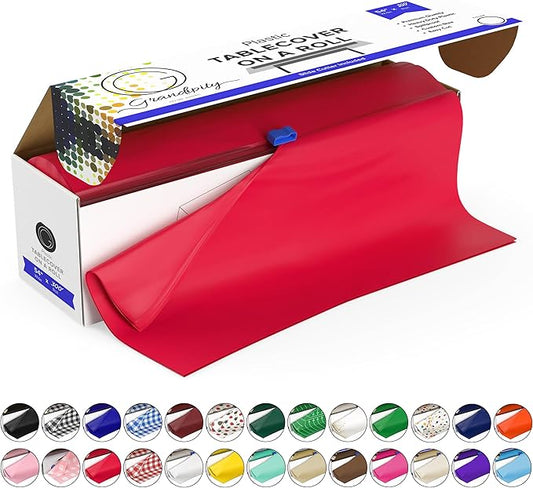 Grandipity Plastic Tablecloth Roll - 54in x 300 Ft. Red Plastic Table Cloths for Parties Disposable with Cutter Box - Cut to Size Disposable Tablecloth Table Cover for Rectangle & Round