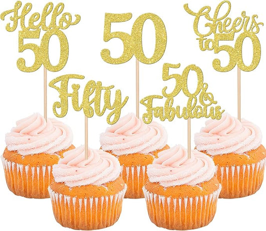 30PCS Happy 50th Birthday Cupcake Toppers Glitter Hello 50 Fabulous Fifty Cheers to 50 Years Old Birthday Cupcake Picks for Happy 50th Birthday Anniversary Party Cake Decorations Supplies Gold