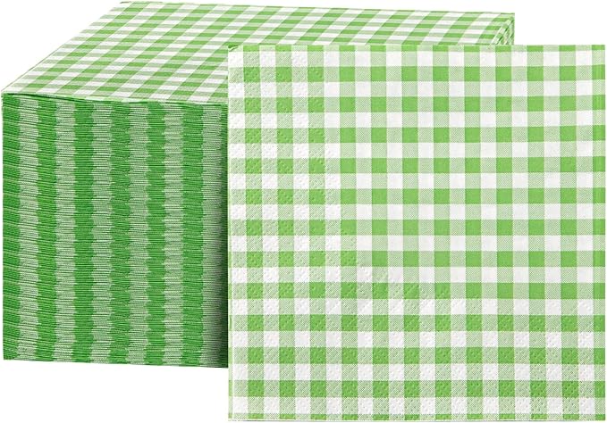 FLOWERCAT 100-Count 2-Ply Green Checkered Cocktail Napkins Gingham - Green and White Checkered Napkins Disposable Premium Quality - 5" x 5" Paper Napkins for Easter Party,Bar,Weddings