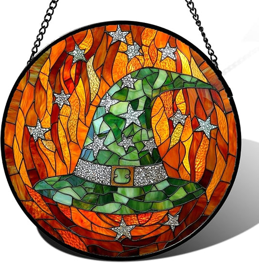 Stained Glass Window Hanging - Halloween Decorations Witch Hat Suncatcher for Doors Garden Indoor Spooky Funny Green Sun Catchers Gothic Decor Horror Gifts for Women Men Friend 11.8 in