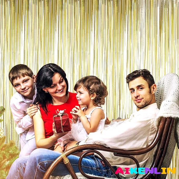 4 Pack 3.2Ft x 9.8Ft Light Gold Foil Fringe Curtain Backdrop, Metallic Tinsel Foil Fringe Streamers Curtains for Party, Photo Booth Props, Birthday, Wedding, Christmas Decoration Supplies