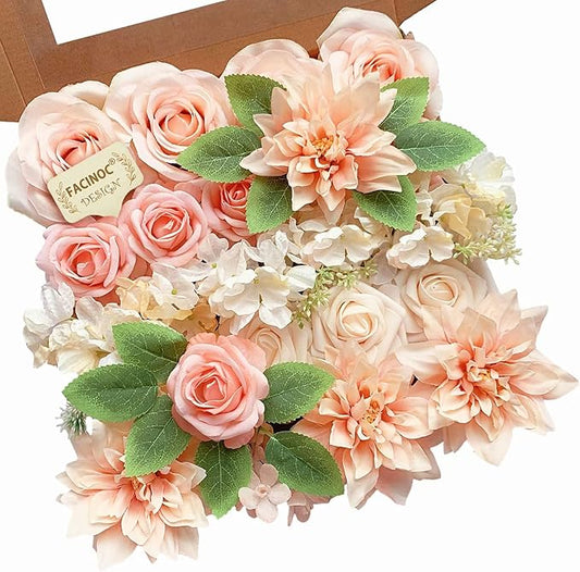 Roses Artificial Flowers Peach Bouquet Box Set Fake Flower for DIY Bridal Wedding Shower Decorations Table Centerpieces Faux Silk Floral Arrangement for Party Home Decor Indoor Pink