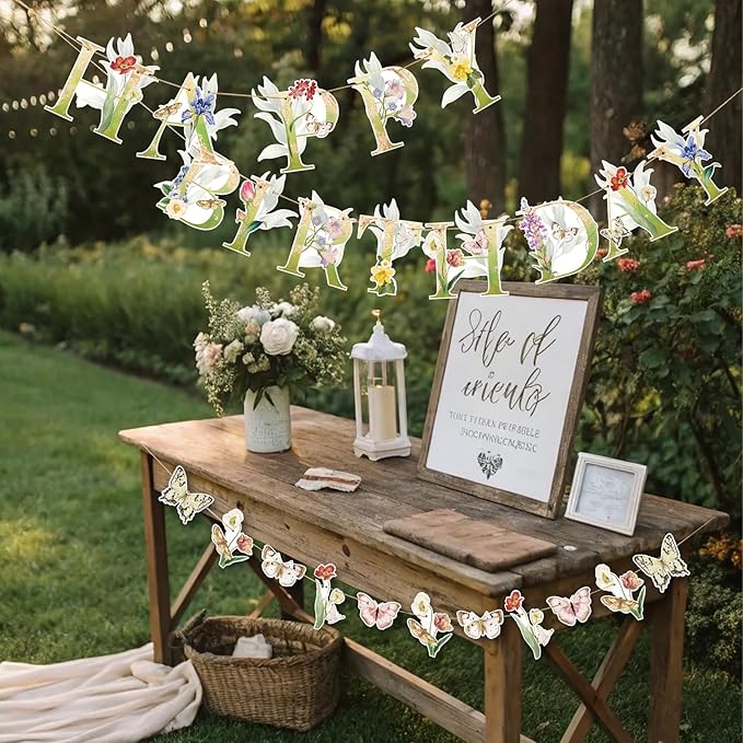 Sunbeauty Wildflower Butterfly Happy Birthday Banner Garden Party Decoration Floral Birthday Decorations for Women Girl Spring Summer Birthday Baby Shower Supplies | Pre-Strung