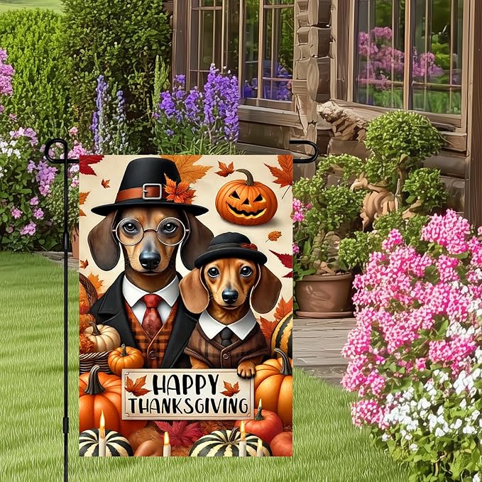 Happy Thanksgiving Dachshund Garden Flag 12x18 Inch Outdoor Flag Double Sided Fall Yard Banner with Dogs Pumpkins and Autumn Leaves for Porch Lawn Patio