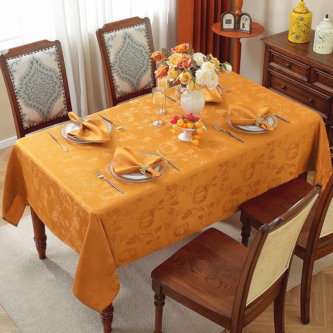 SASTYBALE Thanksgiving Tablecloths for Square Tables, Jacquard Fall Table Cloth with Pumpkins and Vines, Stain Resistant Table Cover for Harvest, Dining, Party Decor (Square, 52" x 52", Amber)