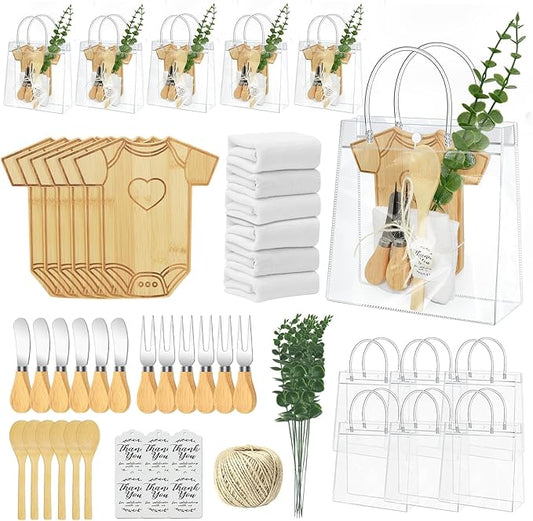 AZEAM 55Pcs Baby Shower Prizes for Game Winners, Bridal Shower Prizes with 6 Sets Clothes Cheese Board Spoon Fork Butter Knife Towel Card Plastic Bag Branch, Wedding Shower Favors for Guests