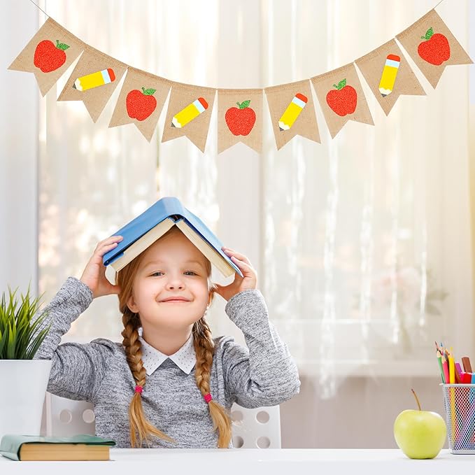 Glitter Apple Pencil Burlap Banner,Welcome Back to School Decorations,First Day of School Banner Garland for Classroom Teachers Office Backdrop Party Supplies