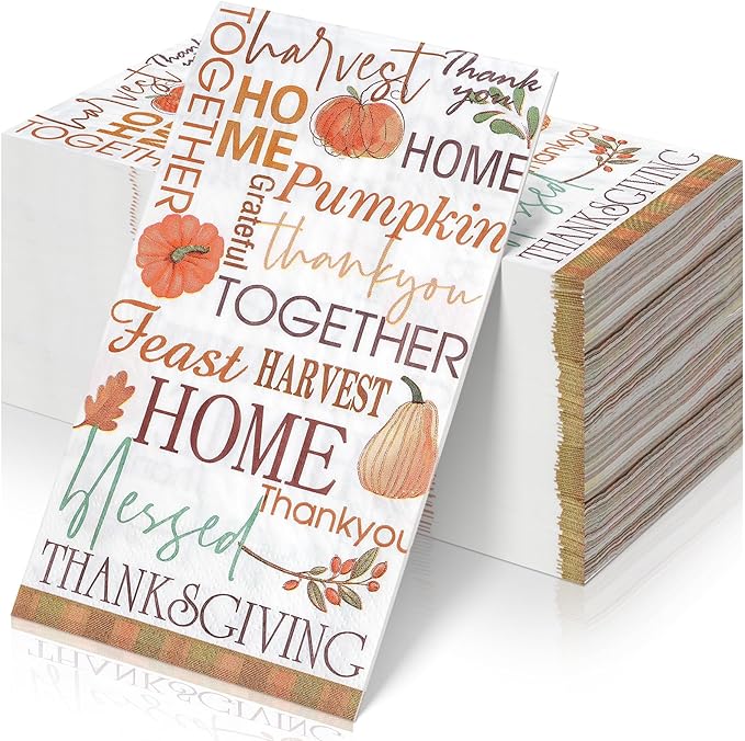 100pcs Fall Paper Napkins,Disposable Thanksgiving Guest Napkins Pumpkin Paper Hand Towels for Autumn Harvest Thanks Theme Party Table Home Kitchen Bathroom Decorations,7.9 * 4.3inch