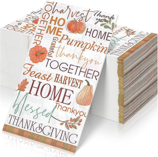 100pcs Fall Paper Napkins,Disposable Thanksgiving Guest Napkins Pumpkin Paper Hand Towels for Autumn Harvest Thanks Theme Party Table Home Kitchen Bathroom Decorations,7.9 * 4.3inch