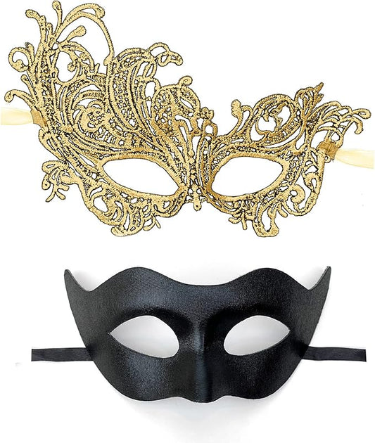 IncreDecor Couple Masquerade Lace Mask Set, Fit for Women and Men Venetian Halloween Masks, Specially for Costume, Mardi Gras