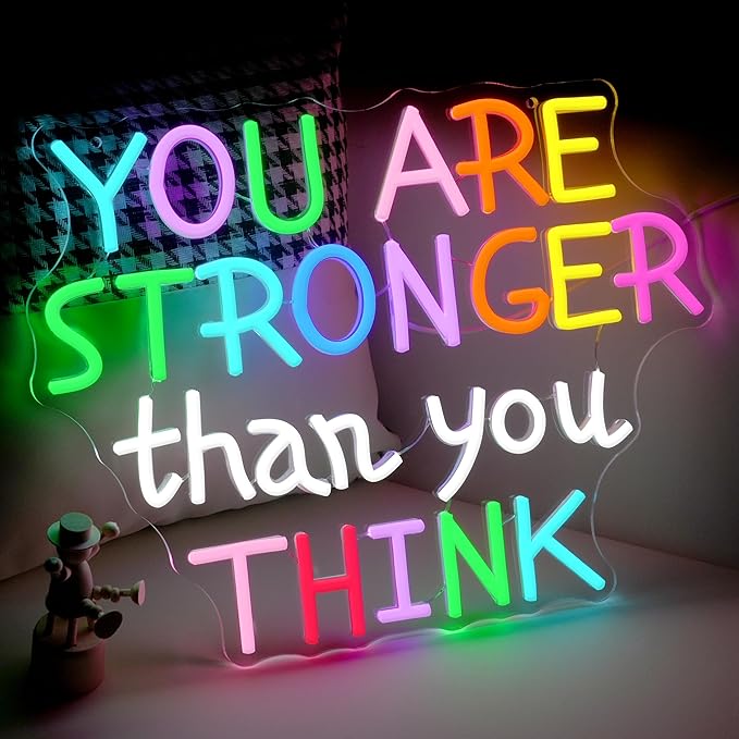 You Are Stronger Than You Think Neon Sign for Wall Decor Colorful Letter Neon Light Inspirational Light Up Sign for Classroom Bedroom Gym House Man Cave Kid’s Room Family(16.5 * 12.5in)